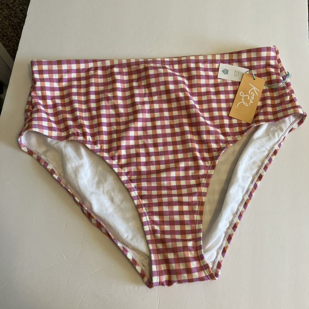 Kona Sol Bikini Bottom Womens XL Pink NWT High Waist Gingham Cheeky C582